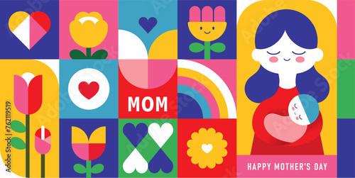 Set of Happy Mother's Day flat vector illustration in geometry style. Mom with child, flowers and abstract geometric shapes.