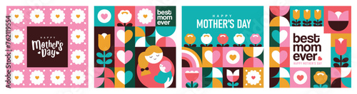 Set of Happy Mother's Day flat vector illustration in geometry style. Mom with child, flowers and abstract geometric shapes. © littleWhale