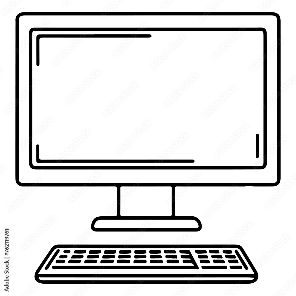 continuous single black line closeup modern desktop computer mockup front view blank screen with Keyboard outline doodle, vector illustration on transparent background continuous single black line closeup modern desktop computer mockup front view blank screen with Keyboard outline doodle, vector illustration on transparent background