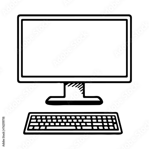 continuous single black line closeup modern desktop computer mockup front view blank screen with Keyboard outline doodle, vector illustration on transparent background