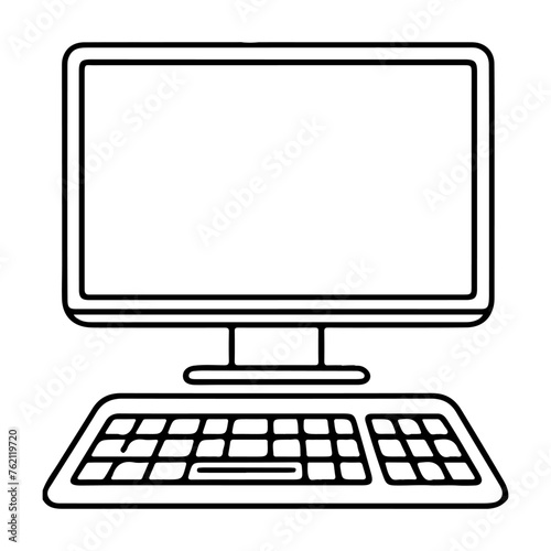 continuous single black line closeup modern desktop computer mockup front view blank screen with Keyboard outline doodle, vector illustration on transparent background