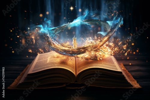 Mysterious Open magic book aged. Alchemy fairy. Generate Ai