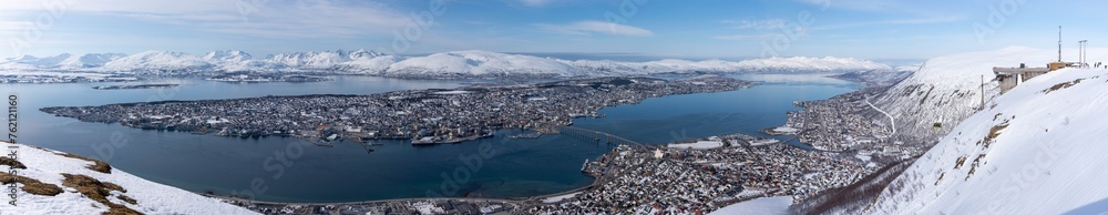 The panorama winter landscapes of Tromsø with the Fjellheisen cable car station, Tromsø, Norway