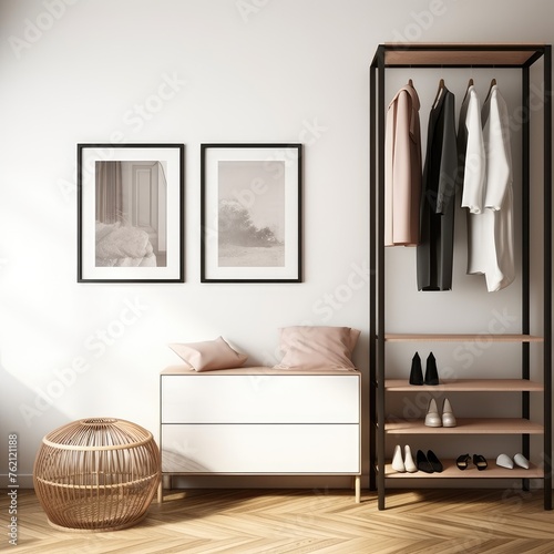 Frame mockup, ISO A paper size. Walk in closet wall poster mockup. Interior mockup with house background. Modern interior design. 3D render