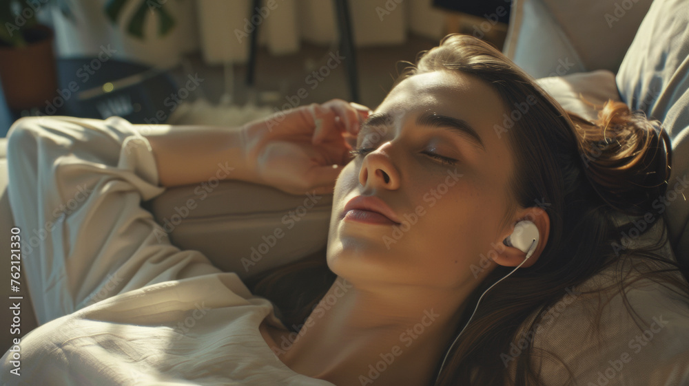 Woman enjoying music in a tranquil moment, bathed in soft sunlight. Woman enjoying music in a tranquil moment, bathed in soft sunlight.