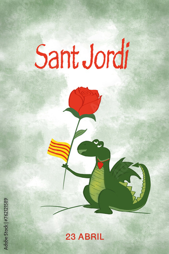 Drawing of a dragon holding a red rose and flag of Catalonia with text Sant Jordi in Catalan.  photo