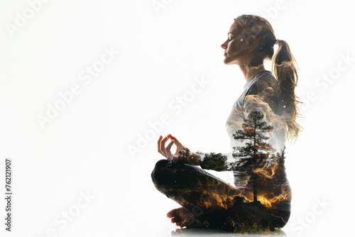 Image depicts a peaceful woman meditating, overlaid with a serene forest landscape representing inner peace