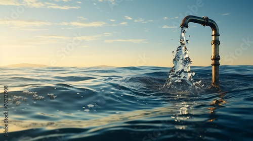 Water flowing out of the faucet and into the ocean, with a water pipe in the sea