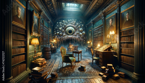 Enigmatic Study Room with Central Eye Mural Amidst Antique Decor photo