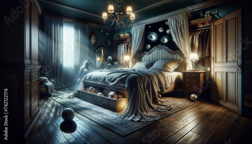 Haunting Elegance: Ghostly Specters in a Victorian Bedroom with Observing Eyes, Doglike Ghosts
