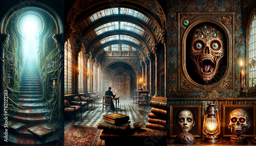 Triptych of the Arcane: Enchanted Staircase, Scholar in Majestic Library, and Macabre Portrait Gallery