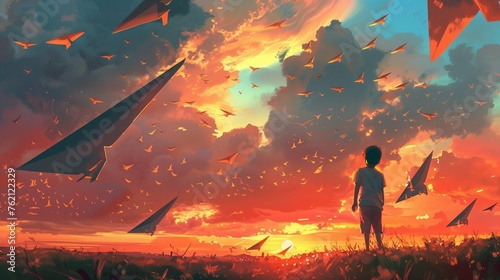 In the warm glow of the sunset, a young boy stands in a field, his eyes alight with wonder as he launches paper airplanes into the evening sky.