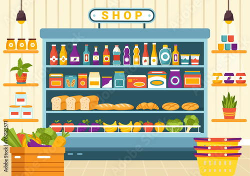 Grocery Store Shelf Vector Illustration with Foods Items and Products Assortiment on the Supermarket for Shopping Daily Needs in Flat Background