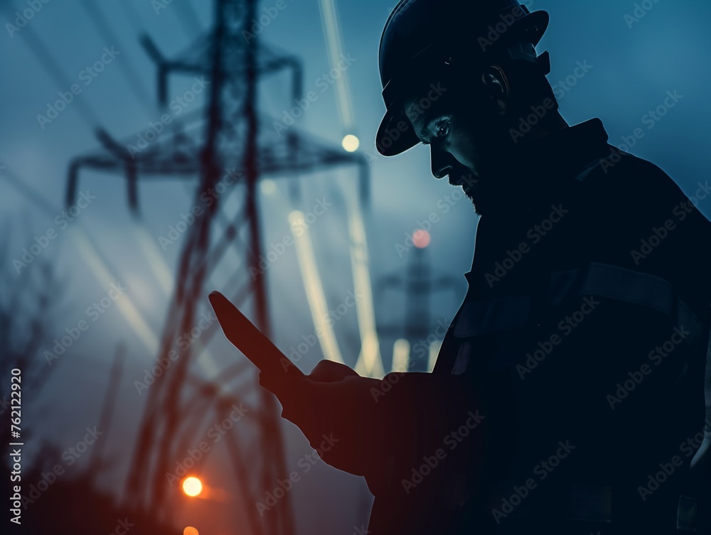 Obraz premium Silhouette of a male engineer using tablet against a backdrop of industrial power lines at dusk, exuding innovation and control.
