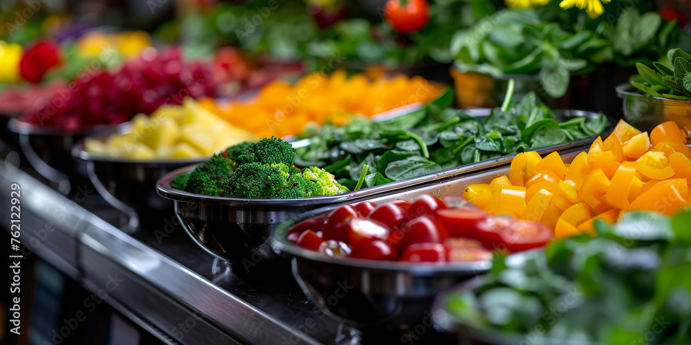 A line of metal bowls filled with colorful vegetables and salad at the entrance to an event hall,catering wedding buffet for events
