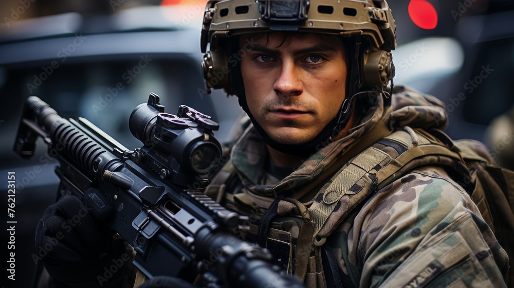 Camouflaged Man Holding Machine Gun Camouflaged Man Holding Machine Gun