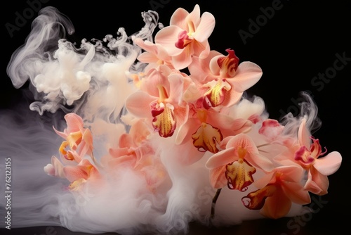 Mystifying Orchids flower smoke. Bloom petal. Generate Ai