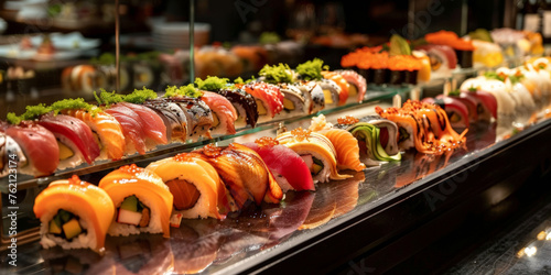 elegant sushi bar with a long glass counter displaying different types of sushi and sashimi, Japanese style sushi buffet, sushi bar background photo