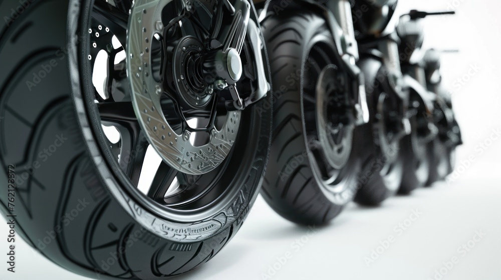 Side view of the front tires of 5 jockey motorcycles in a row. Side view of the front tires of 5 jockey motorcycles in a row.