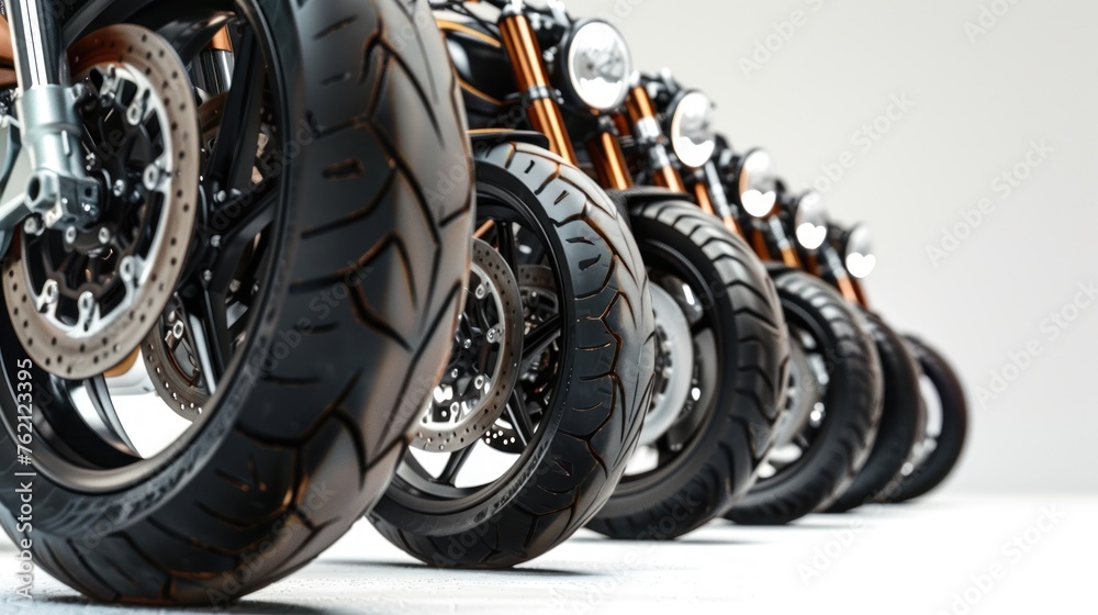 Side view of the front tires of 5 jockey motorcycles in a row.