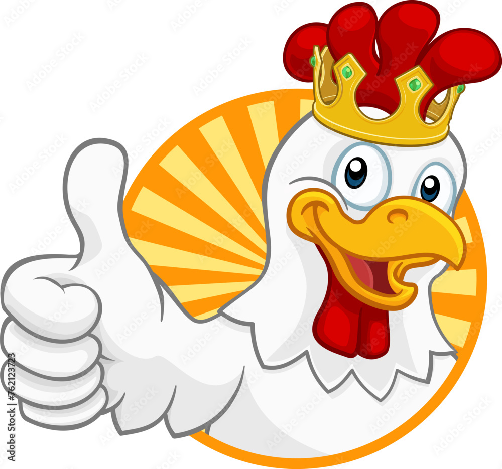 A chicken rooster cockerel bird cartoon character in a kings gold crown giving a thumbs up A chicken rooster cockerel bird cartoon character in a kings gold crown giving a thumbs up