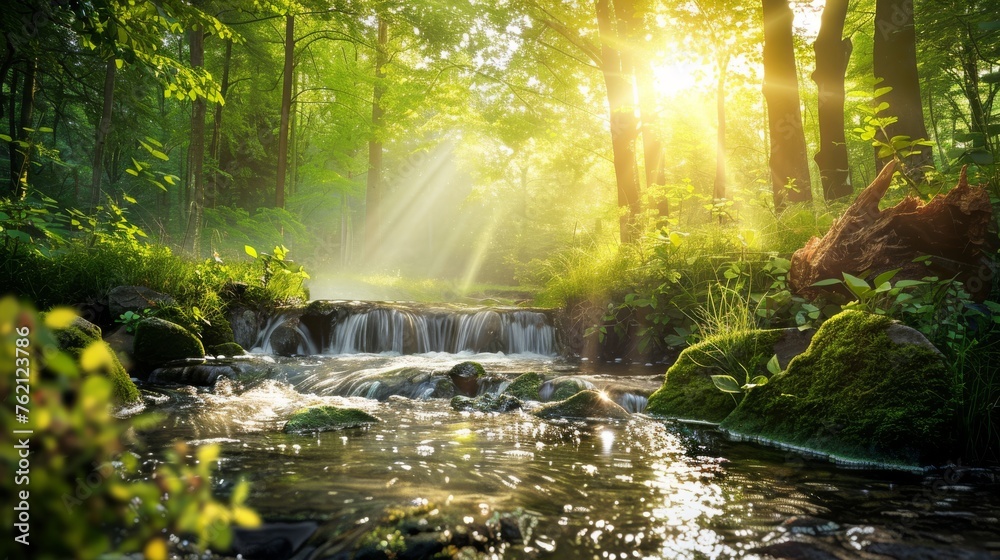 Sunlight filtering through trees in a tranquil forest with a flowing stream and lush greenery.