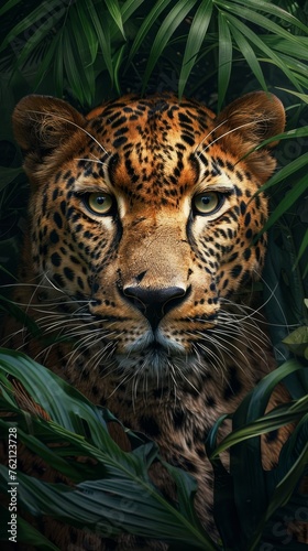 Intense gaze of a leopard emerging from dense foliage in a jungle environment.