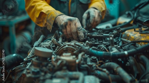 Expert hands fixing car engine parts