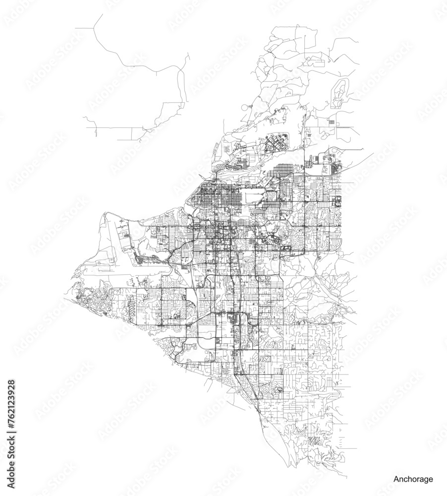 Anchorage city map with roads and streets, United States. Vector outline illustration.
