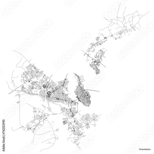 Charleston city map with roads and streets, United States. Vector outline illustration.