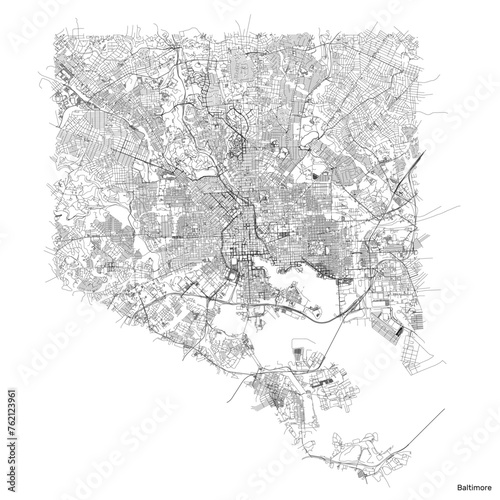 Baltimore city map with roads and streets, United States. Vector outline illustration.
