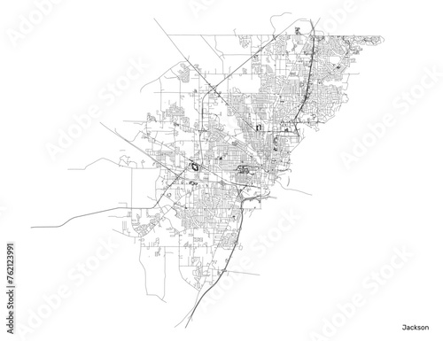 Jackson city map with roads and streets, United States. Vector outline illustration.