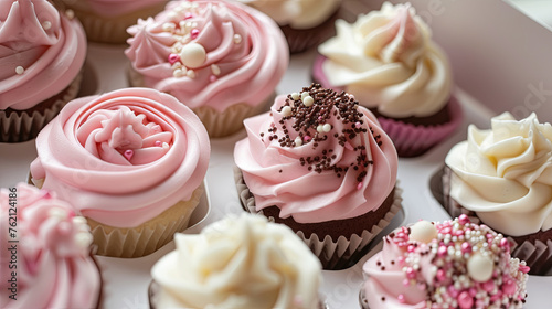 Pink cream cupcakes carefully packaged in a box for delivery during the holiday season
