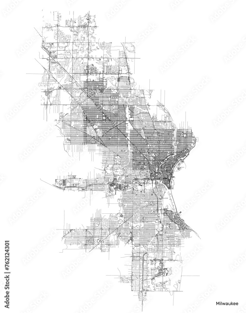 Fototapeta premium Milwaukeecity map with roads and streets, United States. Vector outline illustration.