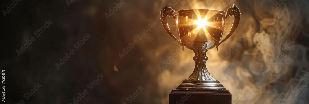 A shiny trophy with light shining on dark background, copy space, banner A shiny trophy with light shining on dark background, copy space, banner