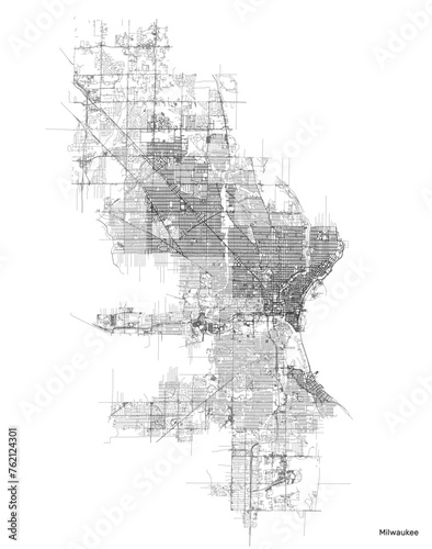 Milwaukeecity map with roads and streets, United States. Vector outline illustration.