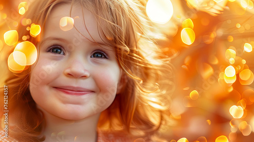 Cheerful, joyful young girl standing on a softly lit isolated background with bokeh