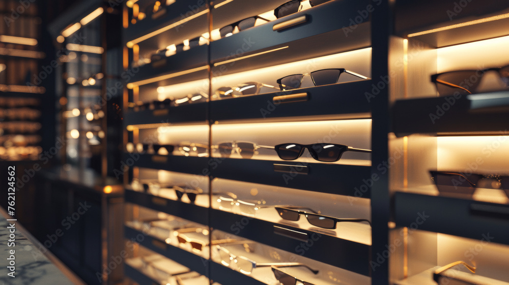 Sophisticated glasses showroom with exquisite eyewear on golden illuminated shelving. - obrazy, fototapety, plakaty 