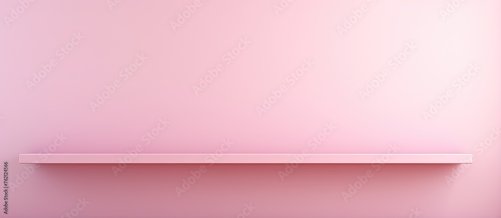 A peach rectangle contrasts against a magenta horizon, with a violet sky above. Tints and shades of pink fill an empty shelf on the pink wall A peach rectangle contrasts against a magenta horizon, with a violet sky above. Tints and shades of pink fill an empty shelf on the pink wall