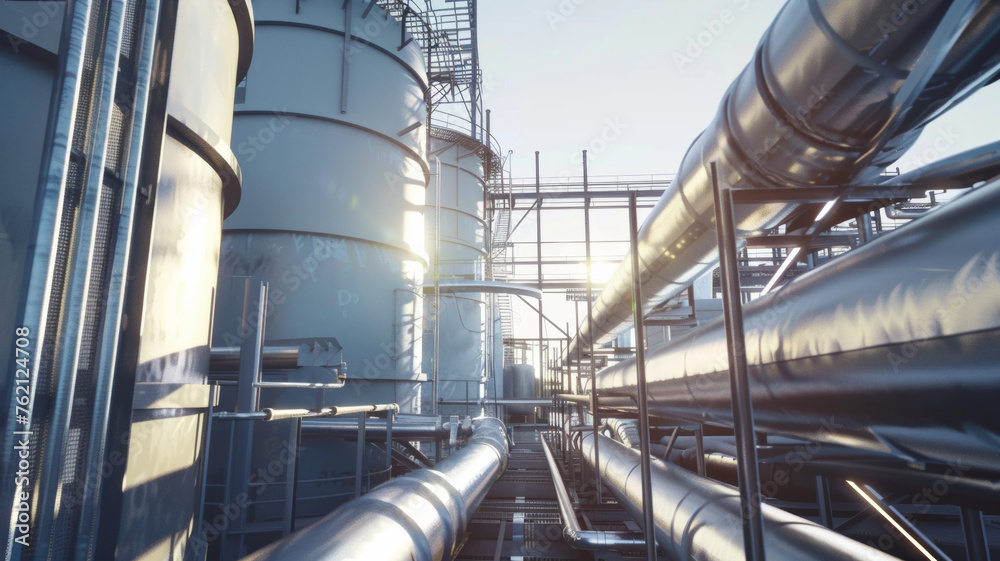 Industrial scenery with a network of pipes and storage tanks. Industrial scenery with a network of pipes and storage tanks.
