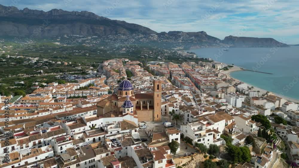 Altea Old Town, Church and City at Costa Blanca in Spain - Aerial 4k Circling