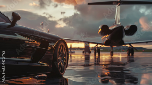 A luxury car reflects the sunset, poised beside a private jet on a reflective tarmac. © VK Studio