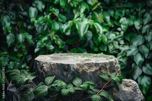 Stone Podium, Nature Product Display Platform, Green Leaves Background, Rock Jungle Pedestal