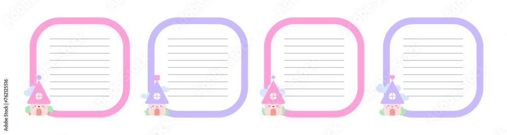 Checklist, to do notes, task planner cute design set with kawaii houses. Cartoon sticker illustration, trendy printable list Checklist, to do notes, task planner cute design set with kawaii houses. Cartoon sticker illustration, trendy printable list