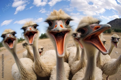Quirky Ostrich selfie funny head. Nature eye bird. Generate Ai