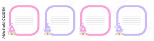 Checklist, to do notes, task planner cute design set with kawaii houses. Cartoon sticker illustration, trendy printable list