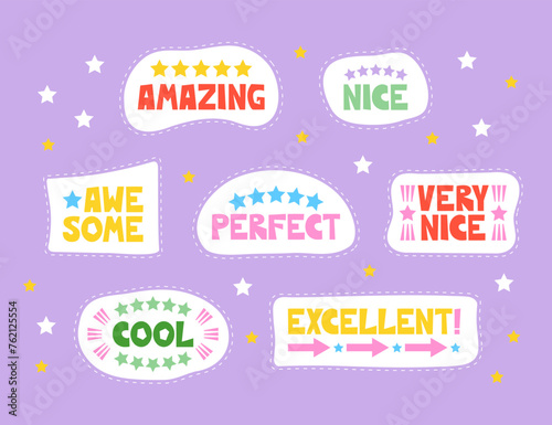 Awesome, amazing, nice, perfect, cool, excellent sticker set. Positive, inspirational, and praising lettering words and phrases to celebrate the school, educational, student, and work results