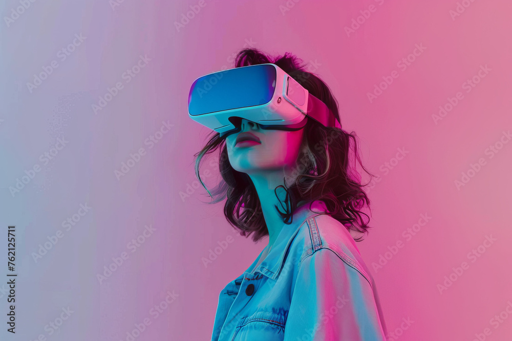 Young woman wearing a virtual reality glasses, bright gradient studio background. AI generative Young woman wearing a virtual reality glasses, bright gradient studio background. AI generative