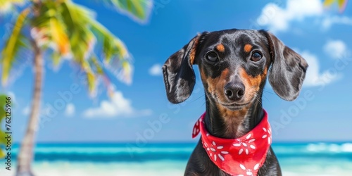 Small Dachshund wearing a red bandana in front of a vibrant beach backdrop complete with palm trees and a clear blue sky created with Generative AI Technology