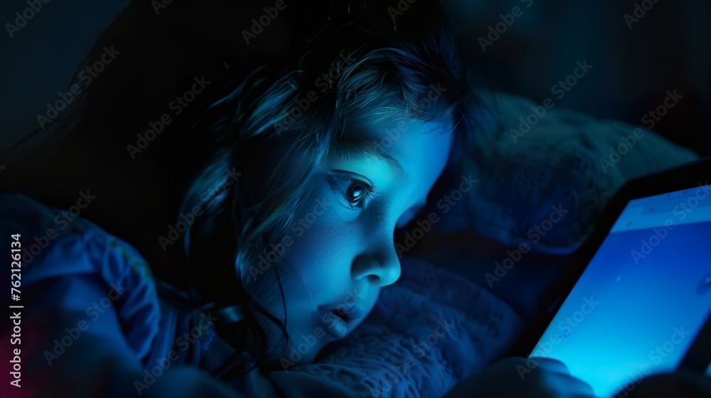 6 year old girl closely watching her iPad made with Ai generative technology, person is fictional